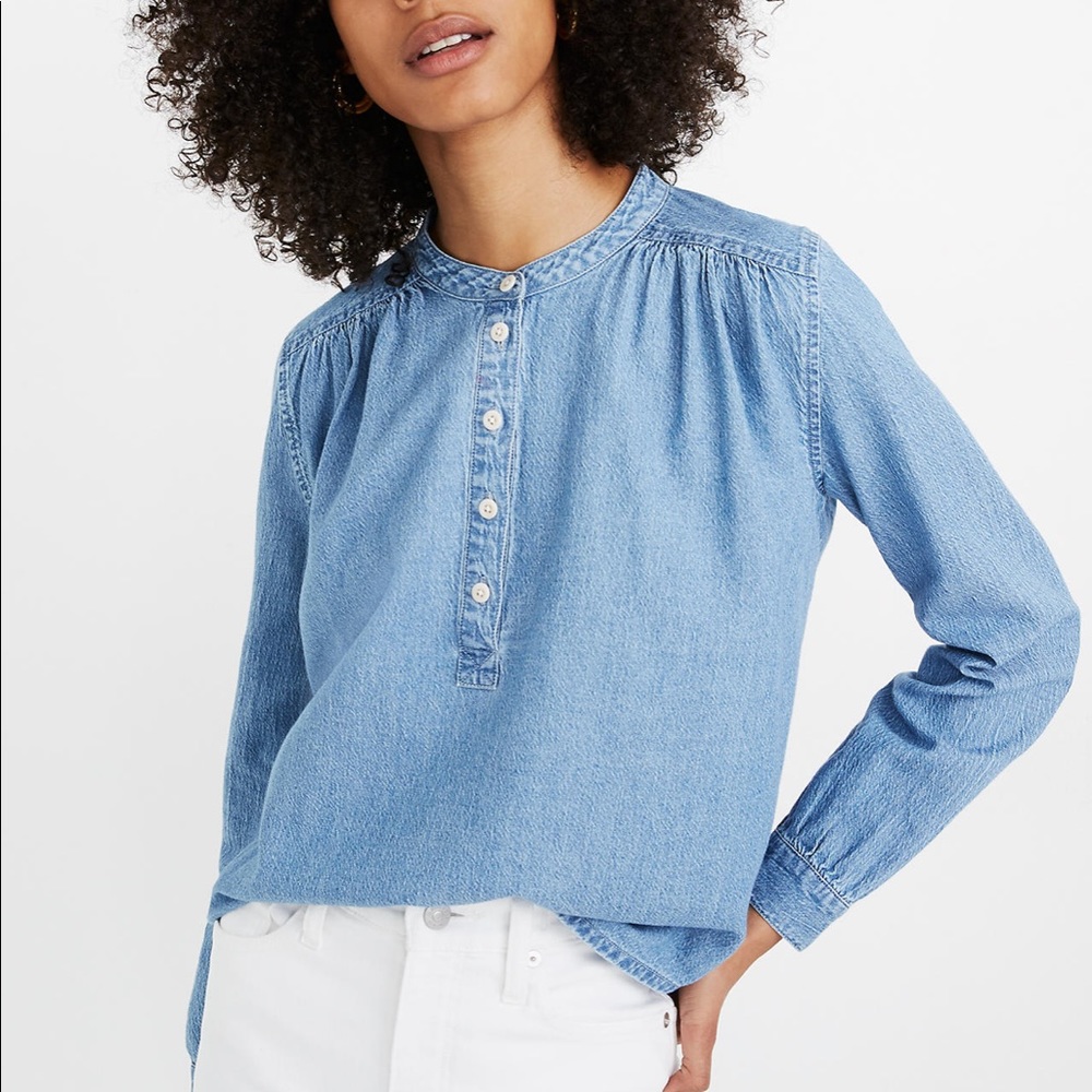 Madewell Denim Shirred Popover Top in Emmie Wash